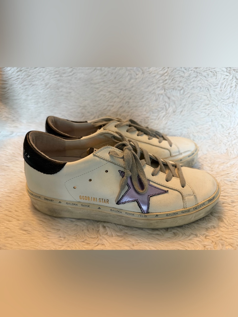 Golden Goose Hi Star Distressed White Leather Sneakers with Purple Star